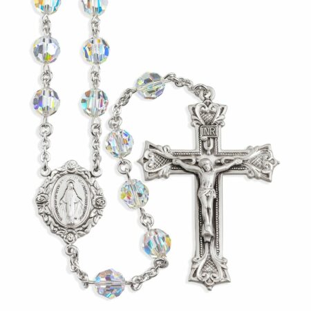 Sterling Silver Rosary Hand Made with Swarovski Crystal 8mm Aurora Borealis Beads by HMH