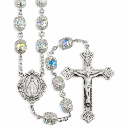 Sterling Silver Rosary Hand Made with Swarovski Crystal 8mm Aurora Borealis Double Capped Beads by HMH