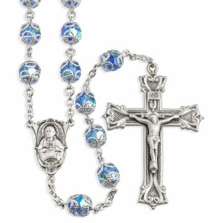 Sterling Silver Rosary Hand Made with Swarovski Crystal 8mm Light Sapphire Double Capped Beads by HMH
