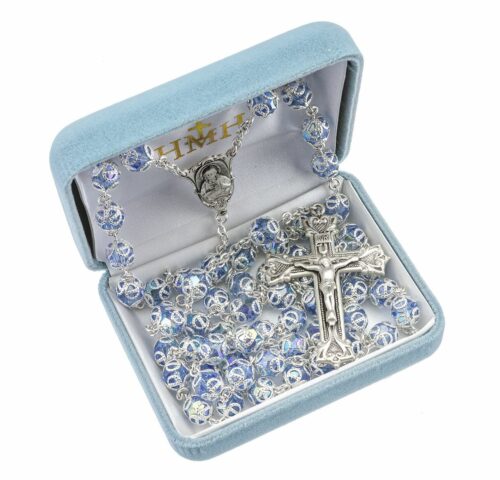 Sterling Silver Rosary Hand Made with Swarovski Crystal 8mm Light Sapphire Double Capped Beads by HMH - Image 2