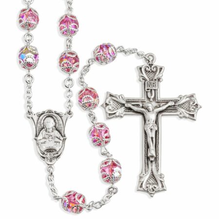 Sterling Silver Rosary Hand Made with Swarovski Crystal 8mm Pink Double Capped Beads by HMH