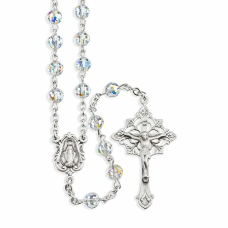 Sterling Silver Rosary Hand Made with Swarovski Crystal 8mm Round Multi-Faceted Beads by HMH