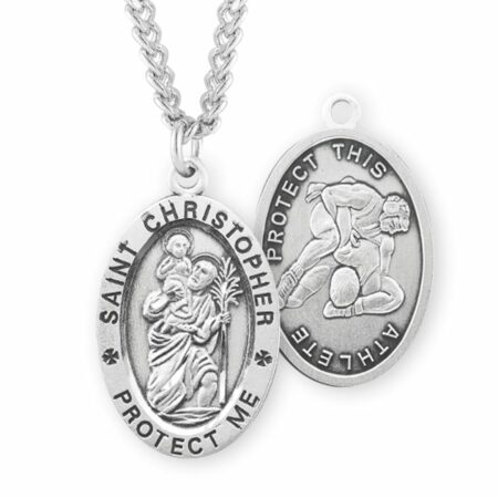 Saint Christopher Oval Sterling Silver Wrestling Male Athlete Medal