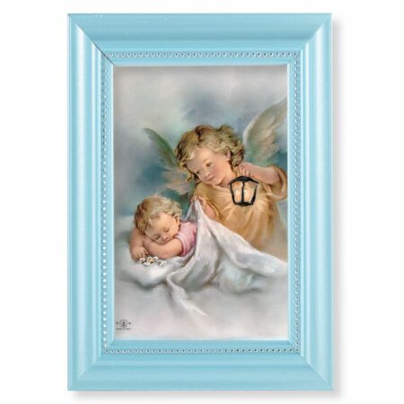 Guardian Angel with Lantern Pearlized Blue Framed Art