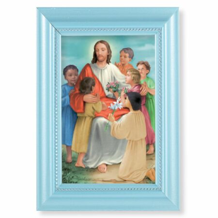 Christ with Children Pearlized Blue Framed Art