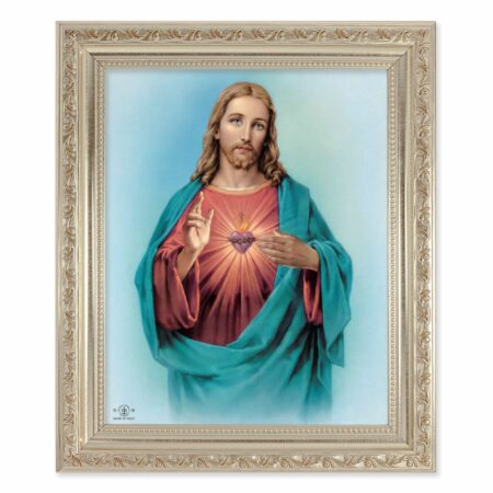 Sacred Heart of Jesus Antique Silver Framed Art
