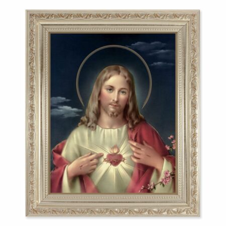 Sacred Heart of Jesus Antique Silver Framed Art