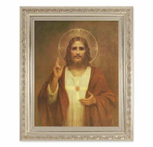 Sacred Heart of Jesus Antique Silver Framed Art