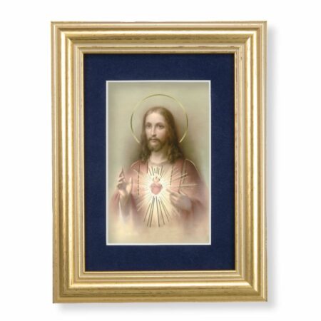Sacred Heart of Jesus Gold Framed Art with Blue Velvet Matting