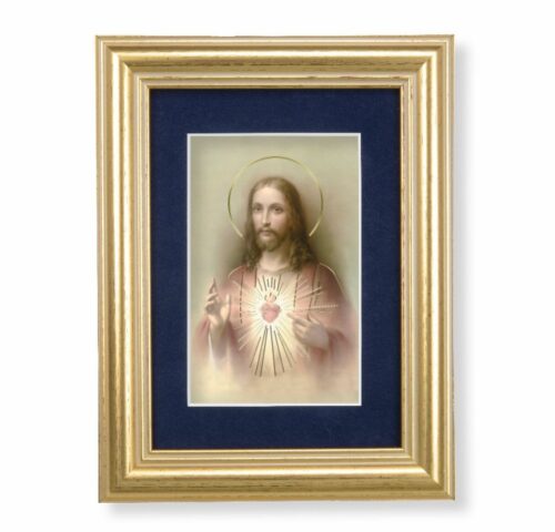 Sacred Heart of Jesus Gold Framed Art with Blue Velvet Matting