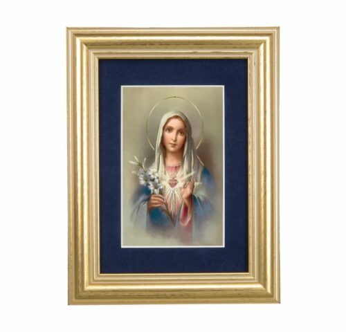 Immaculate Heart of Mary Gold Framed Art with Blue Velvet Matting