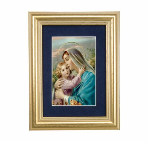 Madonna and Child Gold Framed Art with Blue Velvet Matting