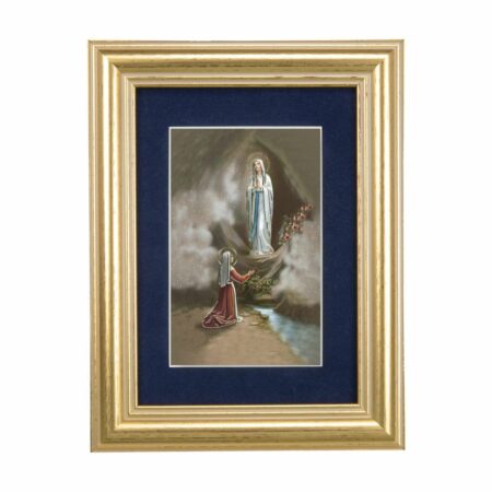 Our Lady of Lourdes Gold Framed Art with Blue Velvet Matting