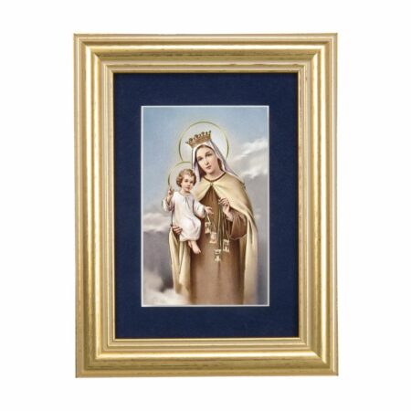 Our Lady of Mount Carmel Gold Framed Art with Blue Velvet Matting