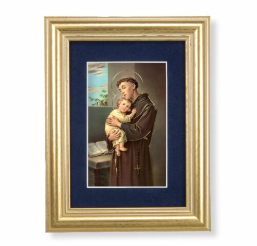 St. Anthony Gold Framed Art with Blue Velvet Matting