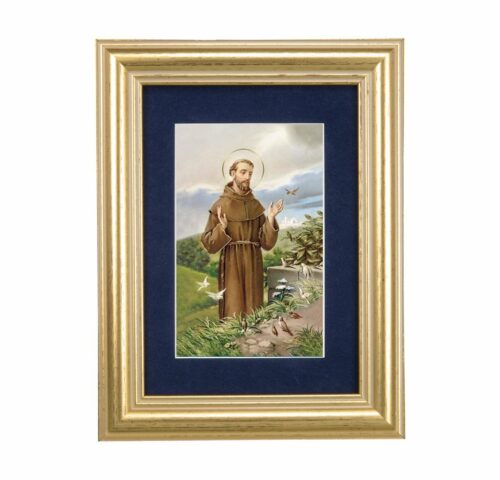 St. Francis Gold Framed Art with Blue Velvet Matting