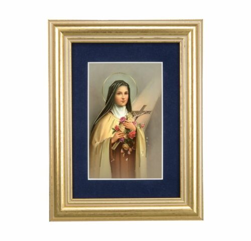 St. Therese Gold Framed Art with Blue Velvet Matting