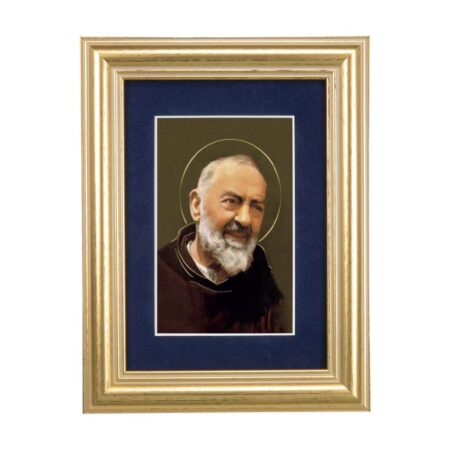 St. Pio Gold Framed Art with Blue Velvet Matting