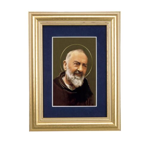 St. Pio Gold Framed Art with Blue Velvet Matting