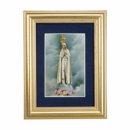 Our Lady of Fatima Gold Framed Art with Blue Velvet Matting