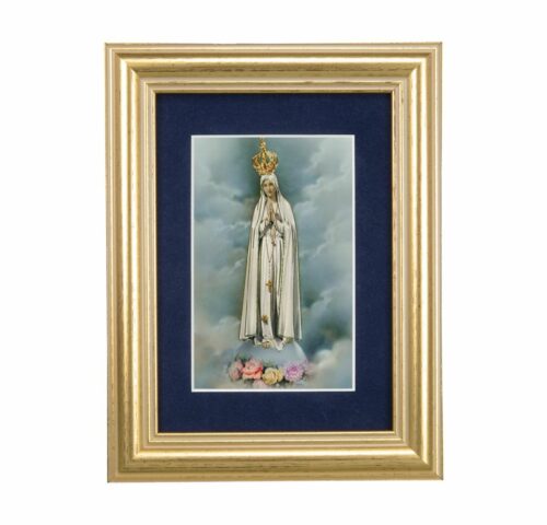 Our Lady of Fatima Gold Framed Art with Blue Velvet Matting