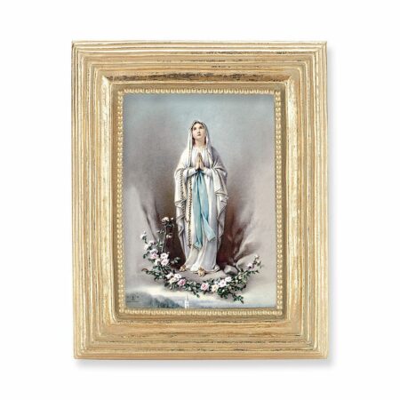 Our Lady of Lourdes Italian Gold-Stamped Gold-Leaf Frame Print – 2.5" x 3.5" – Rectangular – Easel Back