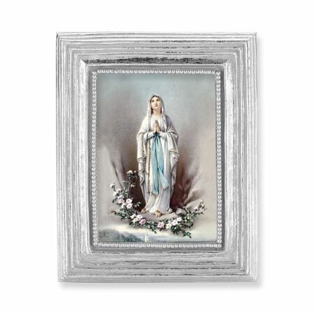 Our Lady of Lourdes Italian Gold-Stamped Silver-Leaf Frame Print – 2.5" x 3.5" – Rectangular – Easel Back