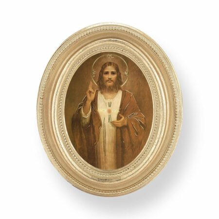 Sacred Heart of Jesus Italian Gold-Stamped Print by Chambers – Oval Gold-Leaf Frame – 2.5" x 3.5" – Easel Back