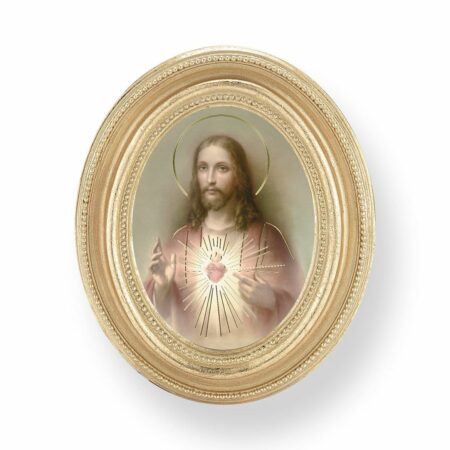 Sacred Heart of Jesus Italian Gold-Stamped Oval Gold-Leaf Frame Print – 2.5" x 3.5" – Protective Glass – Easel Back