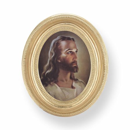 Head of Christ by Sallman Oval Print – Gold-Leaf Frame – 2.5" x 3.5" – Easel Back