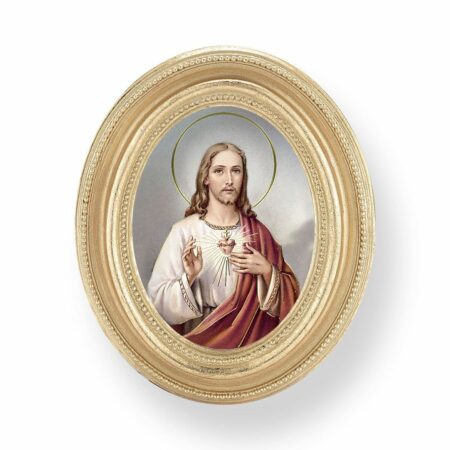Sacred Heart of Jesus Italian Gold-Stamped Oval Frame Print – Gold-Leaf – 2.5" x 3.5" – Protective Glass