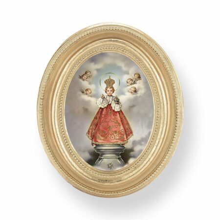 Infant of Prague Italian Gold-Stamped Oval Framed Print – Gold-Leaf – 3.75" x 4.5" – Easel Back