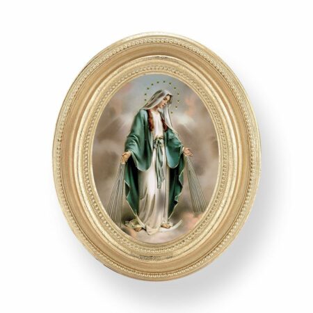 Our Lady of Grace Italian Gold-Stamped Oval Gold-Leaf Framed Print – 2.5" x 3.5" – Easel Back