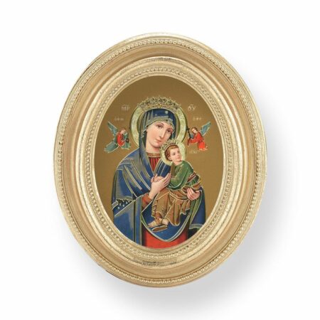 Our Lady of Perpetual Help Italian Gold-Stamped Oval Print – Gold-Leaf Frame – 2.5" x 3.5" – Easel Back