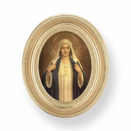 Immaculate Heart of Mary by Chambers Italian Gold-Stamped Oval Print – Gold-Leaf Frame – 2.5" x 3.5" – Easel Back
