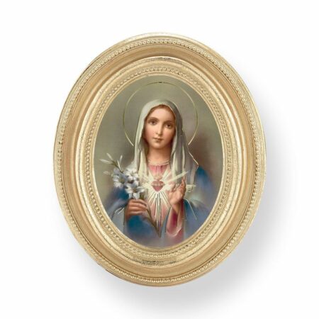 Immaculate Heart of Mary Italian Gold-Stamped Oval Print – Gold-Leaf Frame – 2.5" x 3.5" – Easel Back