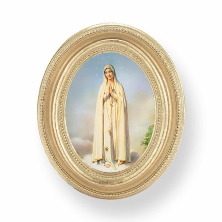 Our Lady of Fatima Italian Gold-Stamped Oval Print – Gold-Leaf Frame – 2.5" x 3.5" – Easel Back