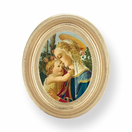 Madonna and Child Italian Gold-Stamped Oval Framed Print – Gold-Leaf – 3.75" x 4.5" – Easel Back