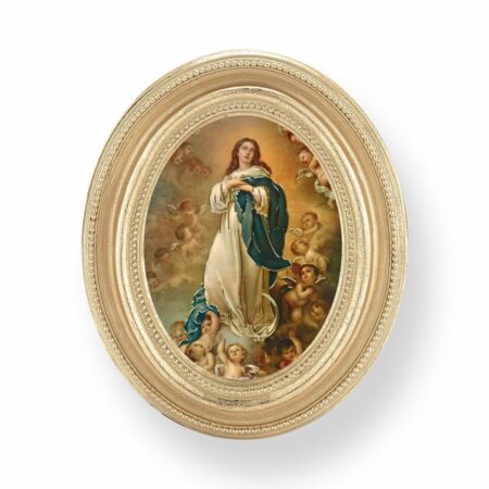 Immaculate Conception Italian Gold-Stamped Oval Print – Gold-Leaf Frame – 2.5" x 3.5" – Easel Back
