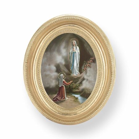 Our Lady of Lourdes Italian Gold-Stamped Oval Gold-Leaf Frame Print – 2.5" x 3.5" – Easel Back