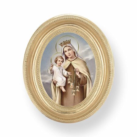 Our Lady of Mount Carmel Italian Gold-Stamped Oval Gold-Leaf Frame Print – 2.5" x 3.5" – Easel Back