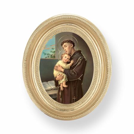 Saint Anthony Italian Gold-Stamped Oval Gold-Leaf Framed Print – 3-3/4" x 4-1/2" – Easel Back