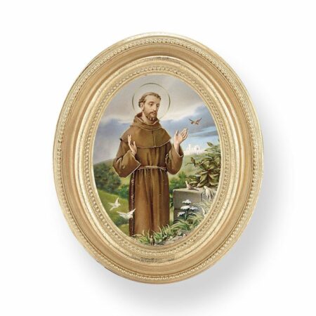 Saint Francis Assisi Italian Gold-Stamped Oval Print – Gold-Leaf Frame – 2.5" x 3.5" – Protective Glass
