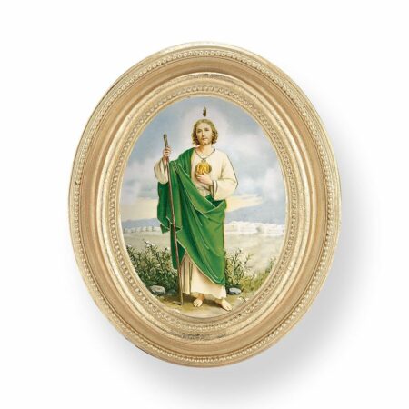 Saint Jude Patron of Miracles Italian Gold-Stamped Oval Print – Gold-Leaf Frame – 2.5" x 3.5" – Protective Glass