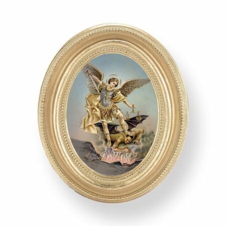 Saint Michael Italian Gold-Stamped Oval Gold-Leaf Framed Print – 3-3/4" x 4-1/2" – Easel Back
