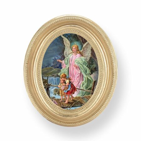 Guardian Angel Italian Gold-Stamped Oval Print – Gold-Leaf Frame – 2.5" x 3.5" – Easel Back