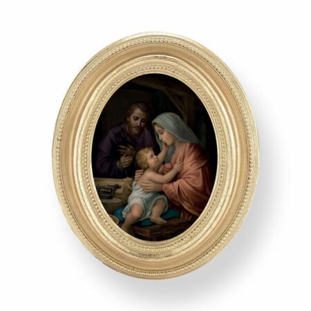 Holy Family Italian Gold-Stamped Framed Print – Gold-Leaf Oval Frame – 2.5" x 3.5" – Easel Back