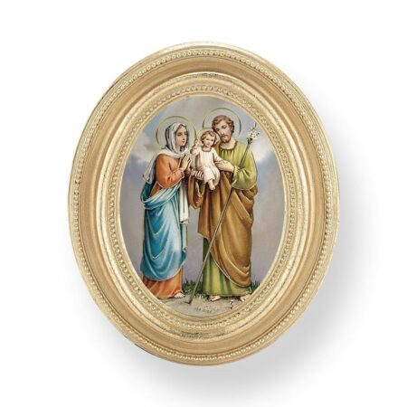 Holy Family Italian Gold-Stamped Oval Framed Print – Gold-Leaf Frame – 2.5" x 3.5" – Easel Back