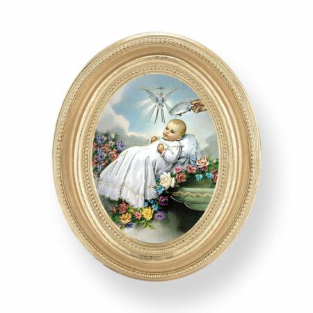 Holy Baptism Italian Gold-Stamped Oval Gold-Leaf Framed Print – 2.5" x 3.5" – Easel Back