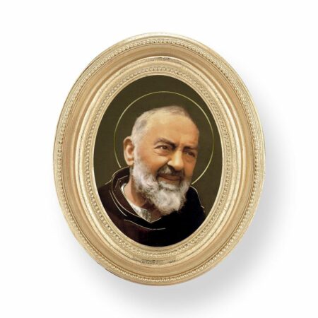 Saint Pio Italian Gold-Stamped Oval Gold-Leaf Framed Print – 3-3/4" x 4-1/2" – Easel Back